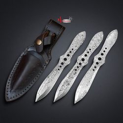 lot of 3 damascus throwing knives ,handmade damascus steel knife, throwing, knife with leather sheath mk3774m