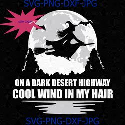 On A Dark Desert Highway Cool Wind In My Hair Witch on a Broom Full Moon Halloween SVG Cameo Silhouette Cutting File