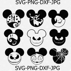 the nightmare before christmas svg, jack skeleton png, svg silhouette, mickey head bundle png, halloween svg, digital