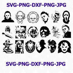 horror movie villain svg, halloween svg, horror movie characters, silhouette, chucku svg, freddy krueger, friday 13th