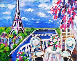 paris cityscape original art eiffel tower painting cafe artwork urban painting france landscape original acrylic art