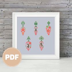 "carrots and rabbits" crossstitch easter primitive pattern