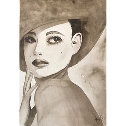 woman in hat painting natali artwork girl original watercolor black and white wall art female portrait handmade art