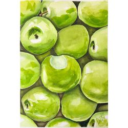 green apples painting fruit artwork apple original watercolor fruits wall art granny smith still life handmade art