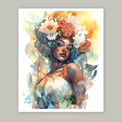 beautiful black curvy woman in flower crown, watercolor art, printable, african girl art, digital, black fairy art.