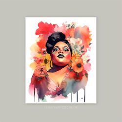 beautiful black curvy woman portrait, watercolor art, printable, african woman art, digital, thick and fabulous.