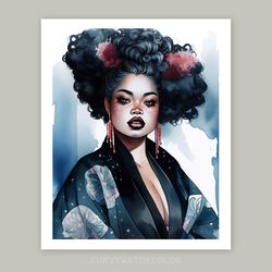 beautiful black curvy geisha, watercolor art, printable, curvaceous woman, thick and fabulous, plus size beauty, digital