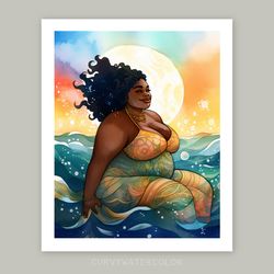 beautiful black curvy mermaid, watercolor art, printable, curvaceous woman, thick and fabulous, plus size beauty