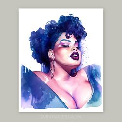 beautiful black curvy woman portrait, blue watercolor art, printable, african woman art, digital, thick and fabulous.