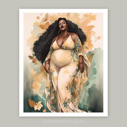 beautiful black curvy woman with long hair, watercolor art, printable, african woman art, digital, thick and fabulous.