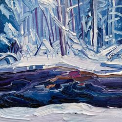 river in a snowy forest no.1.  winter series. original oil painting,