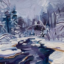 river in a snowy forest no.2.  winter series. original oil painting,