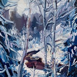 river in a snowy forest no.3.  winter series. original oil painting,