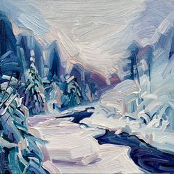 river in a snowy forest no.4.  winter series. original oil painting,