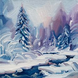 river in a snowy forest no.5.  winter series. original oil painting,