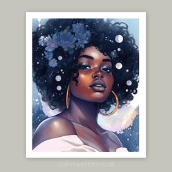 beautiful black curvy woman portrait, blue watercolor art, digital, african woman art, blue flowers, thick and fabulous.