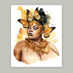 black curvy woman with butterflies, watercolor art, printable art, african woman art, digital, neutral earth colors.