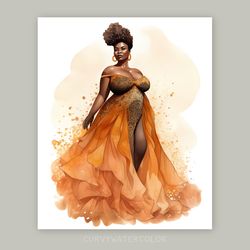 black curvy woman in orange dress, watercolor art, printable art, african woman art, digital, neutral earth colors.