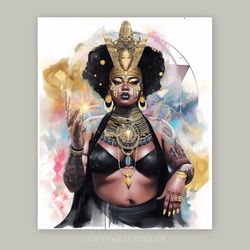 beautiful black curvy woman priestess, afrofuturism art, watercolor art, printable, african woman art, afropunk art.