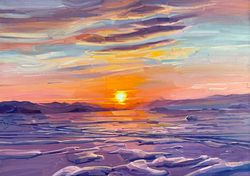 the last rays. lake baikal, olkhon island. winter series. original oil painting,