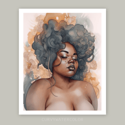 nude black curvy woman, watercolor art, printable art, nudity, african woman art, digital, neutral earth colors.
