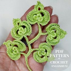 crochet branch pattern, crochet pattern applique, branch with leaves, crochet motif, twigs with leaves crochet patterns.