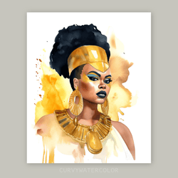 beautiful black curvy woman cleopatra, queen of egypt, watercolor art, printable, african woman art, yellow wall art.