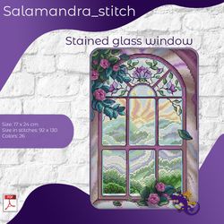 stained glass window, cross stitch, flowers, salamandra stitch