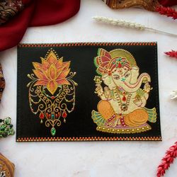 leather passport holder, hand painted passport cover, ganesha, lotus mandala, indian style, henna design passport case