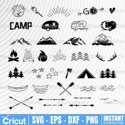 camping svg bundle ,camp svg bundle, camper svg pack set ,camping clipart summer svg campfire silhouette mountains trees