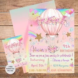 tea party birthday invitation, floral high tea invite, tea balloon invitation