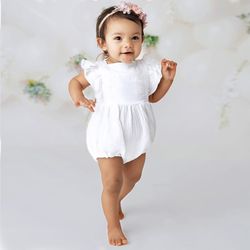 white baby girl romper & bow headband, first birthday photoshoot, cotton smash cake outfit girl, baptism newborn toddler