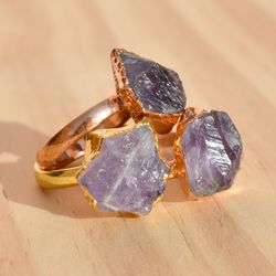 raw amethyst crystal electroformed ring for women, gemstone cooper & brass electroplated minimalist handmade jewelry