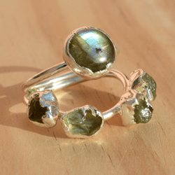 labradorite & aquamarine ectroforme ring for women, raw gemstone brass and cooper electroplated handmade jewelry