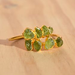 paridot ring gold women birthstone ring, raw gemstone ring, rough crystal ring, raw stone ring electroformed jewelry