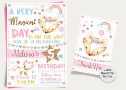 fox birthday invitation, fox girl invitation, fox invitation