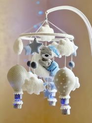 nursery mobile crib, baby mobile bear, woodland mobile felt, baby shower gift, baby boy mobile, hot air balloon mobile