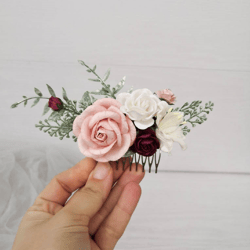 blush burgundy flower hair comb, bridesmaid hair piece, bridal hair comb, wedding hair comb, blush rose hair