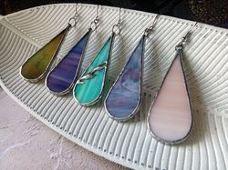 multicolor drop earrings, dangle earrings, stained glass earrings, pink long earrings, simple stained glass, green glass