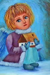 angel guarding the house, original oil painting in blue tones original painting