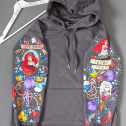 little mermaid hoodie , disney inspired sweatshirt with ariel, sebastian, flounder, ships, custom painted gift