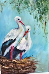 family painting of storks. original painting.