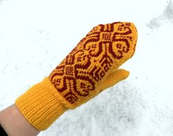 women's wool mittens hand knitted scandinavian snowflake mittens yellow brown norwegian mittens christmas gift for her