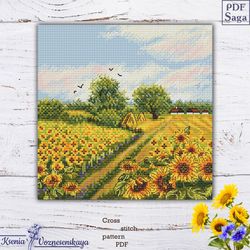 field with sunflowers cross stitch pattern , summer nature, yellow flowers embroidery pdf, modern cross stitch sunflower