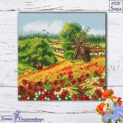 summer nature cross stitch pattern field in poppies flowers modern cross stitch gift for nature lovers village landscape