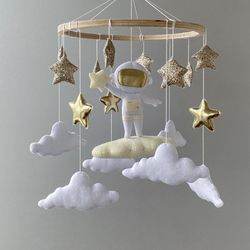 astronaut baby mobile neutral, baby shower gift, beige space mobile nursery, crib mobile