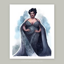 twilight queen, beautiful black curvy woman, watercolor art, printable, african woman art, digital, thick and fabulous.