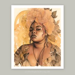 gorgeous black curvy woman portrait, watercolor art, printable art, african woman art, digital, neutral earth tones.