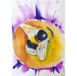 bumblebee painting bee artwork original watercolor bug wall art floral artwork author's handmade art