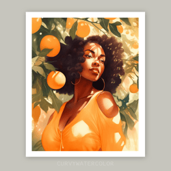 beautiful black woman with oranges, watercolor art, printable art, african woman art, orange wall art, black woman art